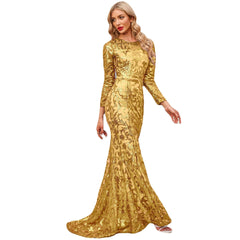 Sequined Dress Purple Crew-Neck Long Evening Dress Long Sleeve Dress