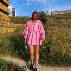 Pink Plaid Doll Collar Long Sleeve Dress GracefulA line Dress