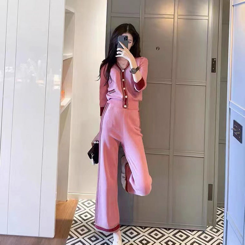 Casual Sporty Pink Knit Wide-Leg Pants Suit