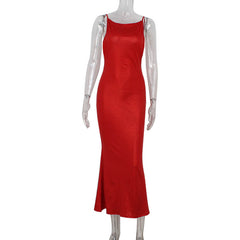 Fashionable Red Elegance Sleeveless Maxi Dress Slim Fit Backless Evening Dress for Ladies