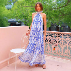 Printed Halter Sleeveless Backless Tied Lotus Leaf Dress Maxi