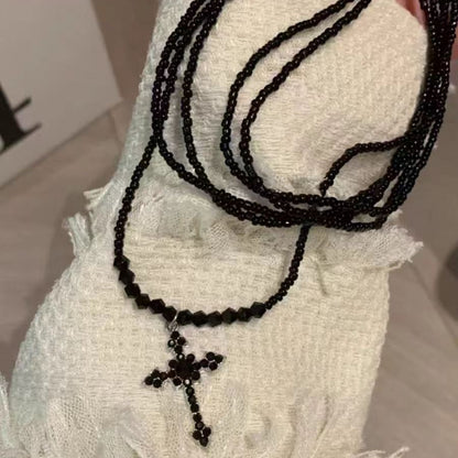 Sweet Cool Dark Punk Personality Cross Collarbone Multi-Layered Beaded Necklace