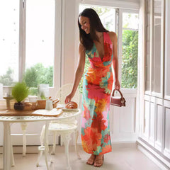 Casual V neck Printed Lace up Mid Length Dress