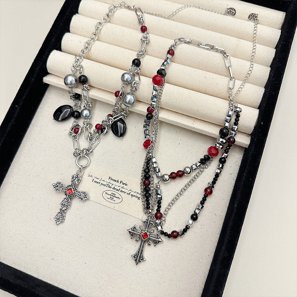 Sweet Cool Dark Punk Multi-Layered Personality Premium Cross Beaded Collarbone Necklace