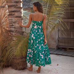 Sling Backless Plant Floral Print Maxi Dress