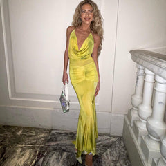 Elegant Slightly Mature Halter Deep V Plunge Printed Long Lotus Leaf Dress