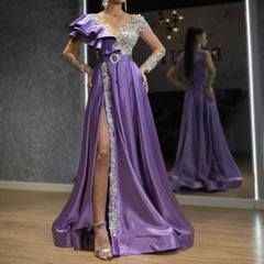 Evening Satin Gold Purple Sequ Dress