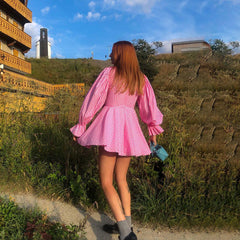 Pink Plaid Doll Collar Long Sleeve Dress GracefulA line Dress