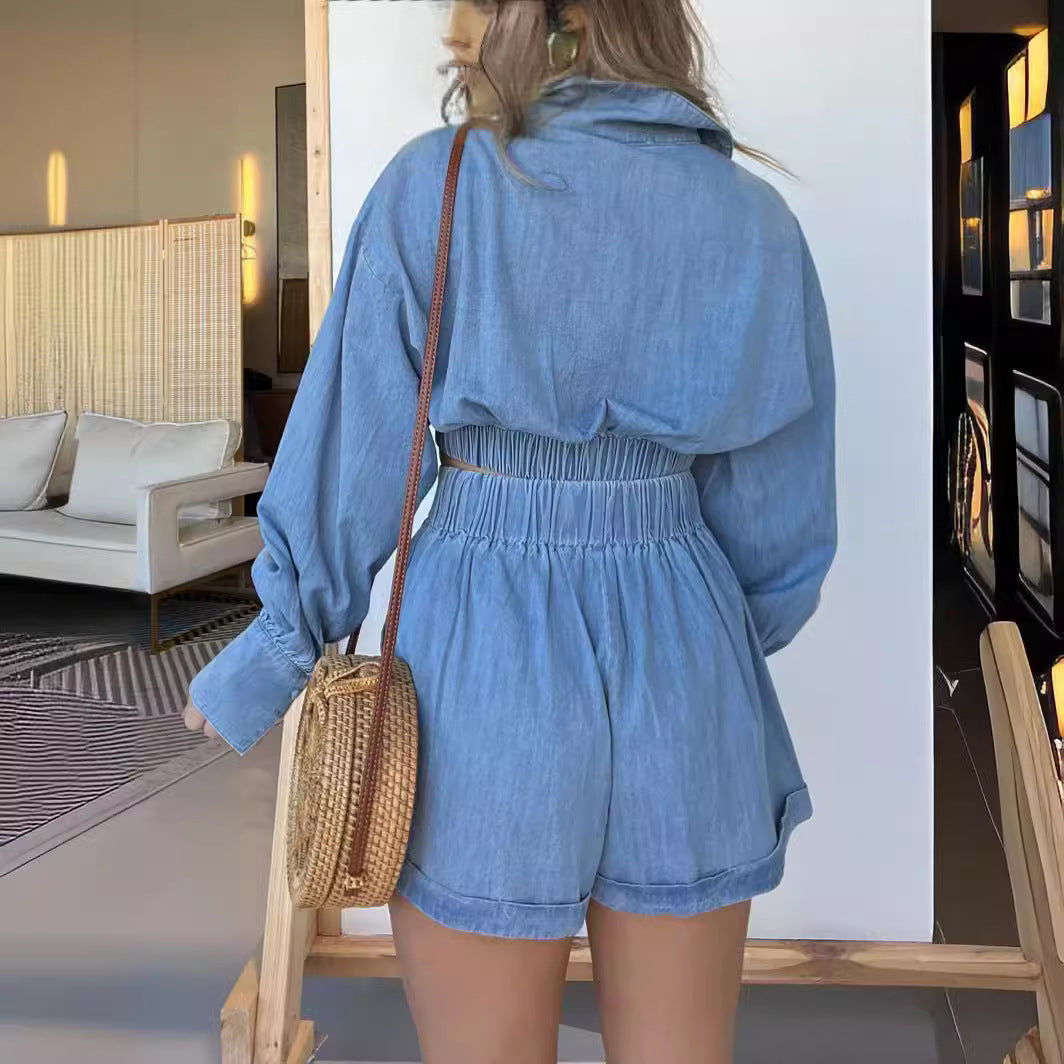 New Deep V Sexy Denim Long Sleeve Short Suit