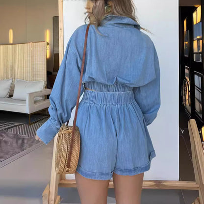 New Deep V Sexy Denim Long Sleeve Short Suit