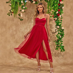 Solid Color Sling Dress Evening Dress Mesh Large Dress