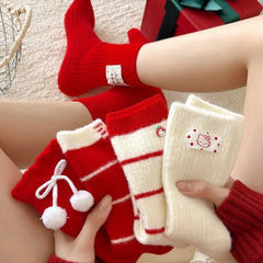 Embroidered Red Mid Calf Coral Fleece Cozy Christmas Socks