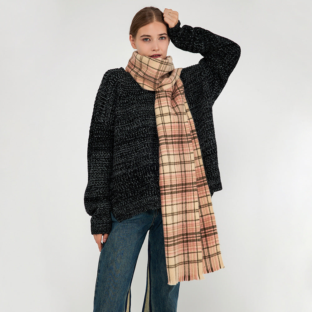 Soft Warm Checkered Cashmere Korean Fashion Scarf Shawl