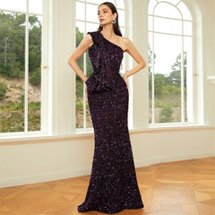 Sleeveless Elegant Long Sequined Diagonal Collar Backless Cocktail Evening Dress Bridesmaid