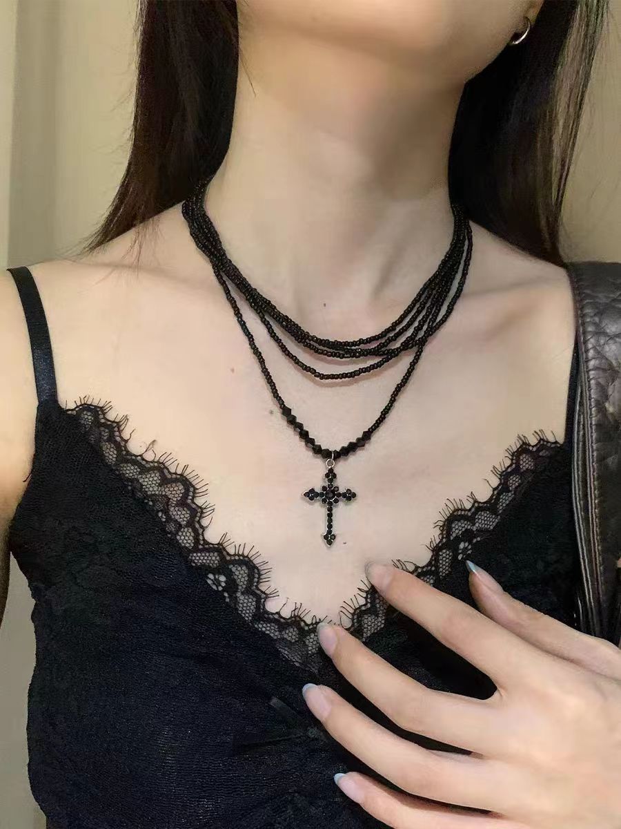 Sweet Cool Dark Punk Personality Cross Collarbone Multi-Layered Beaded Necklace