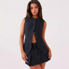 Fashionable Casual Sleeveless High-Waist Skirt Suit