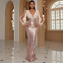 V-neck Hepburn Long Sleeve Noble Long High Class Elegant Socialite Light Luxury Fishtail Sequ Evening Dress