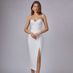 Sleeveless Mid-Waist White Solid Color Sling Simple Dress Metal Corsage Annual Party Evening Dress