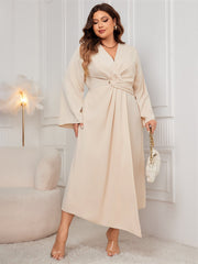 Plus Size Long Sleeve Dress Waist Controlled Slim Irregular Asymmetric Cut Dress