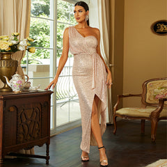 Sleeveless Elegant Mid Length Long Sequined Diagonal Collar Backless Cocktail Evening Dress Bridesmaid Dress