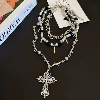 Spice Thorn Heavy Goth Multilayered Vintage Cross Pendant Punk Beaded Choker Necklace