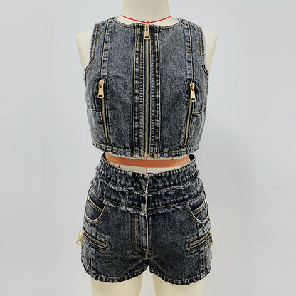 Fashionable New Zipper Denim Tank Top Short Suit