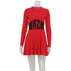 Fall Half High Collar Long Sleeves Mesh Patchwork See through Boning Corset Tight Waist Short Dress