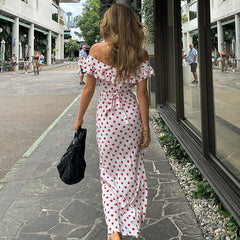 Polka Dot Printed A line Waist Trimming Ruffled Spaghetti Straps Dress