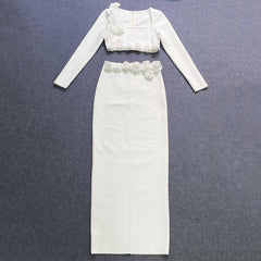 Three Dimensional Floral Bandage Long Sleeved Top Dress Two Piece Dress