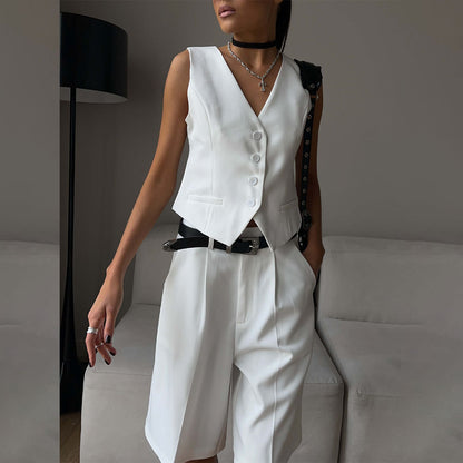 V-Neck Buttoned Vest Straight-Leg Shorts Suit