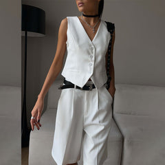 V-Neck Buttoned Vest Straight-Leg Shorts Suit