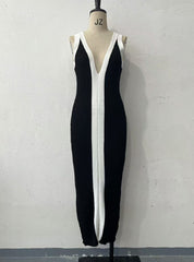 Color Matching Front Back V neck Long Spaghetti Straps Knitted Hepburn Dress Black