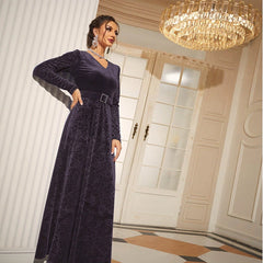 V neck Long Sleeve High Waist Lace up Velvet Elegant Dress