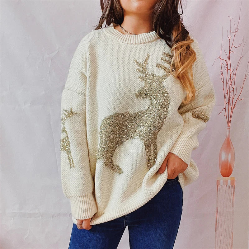 Chic O-Neck Long Sleeve Knitted Christmas Sweater Beige / S Sweaters-L