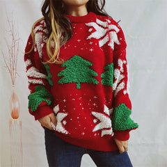 Green Fashion Tree Embroidery Knitted Pullover Casual Loose Retro Christmas Sweater Red / S