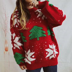 Green Fashion Tree Embroidery Knitted Pullover Casual Loose Retro Christmas Sweater Sweaters-L