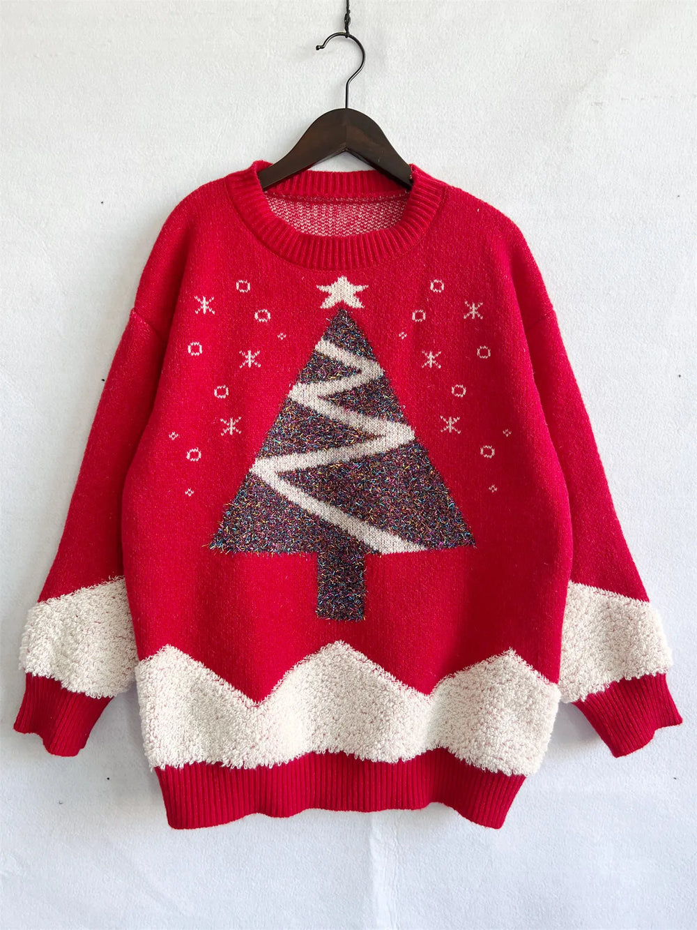 Tree Gold Thread Flocked Round Neck Long Sleeved Loose Knit Pullover Christmas Sweater Sweaters-L