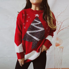 Tree Gold Thread Flocked Round Neck Long Sleeved Loose Knit Pullover Christmas Sweater Red / S