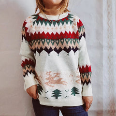 Thicken Raglan Sleeves Elk Christmas Tree Gold Pullover New Year Sweater Off-White / S Sweaters-L
