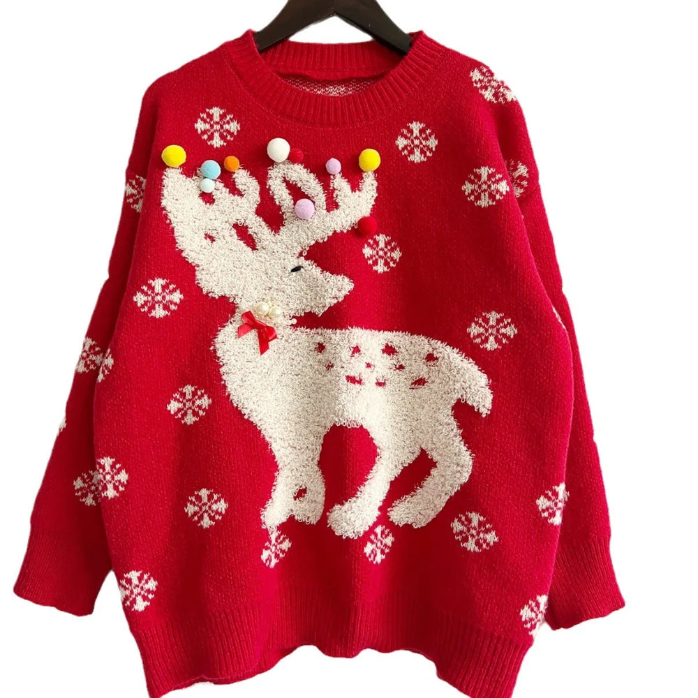 Handmade Pearl Ball Decoration Jacquard Christmas Red Sweater Sweaters-L
