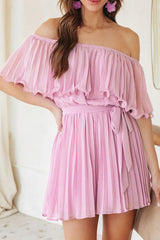 Off Shoulder Pleated Tie-Waist Rompers Light Purple / S