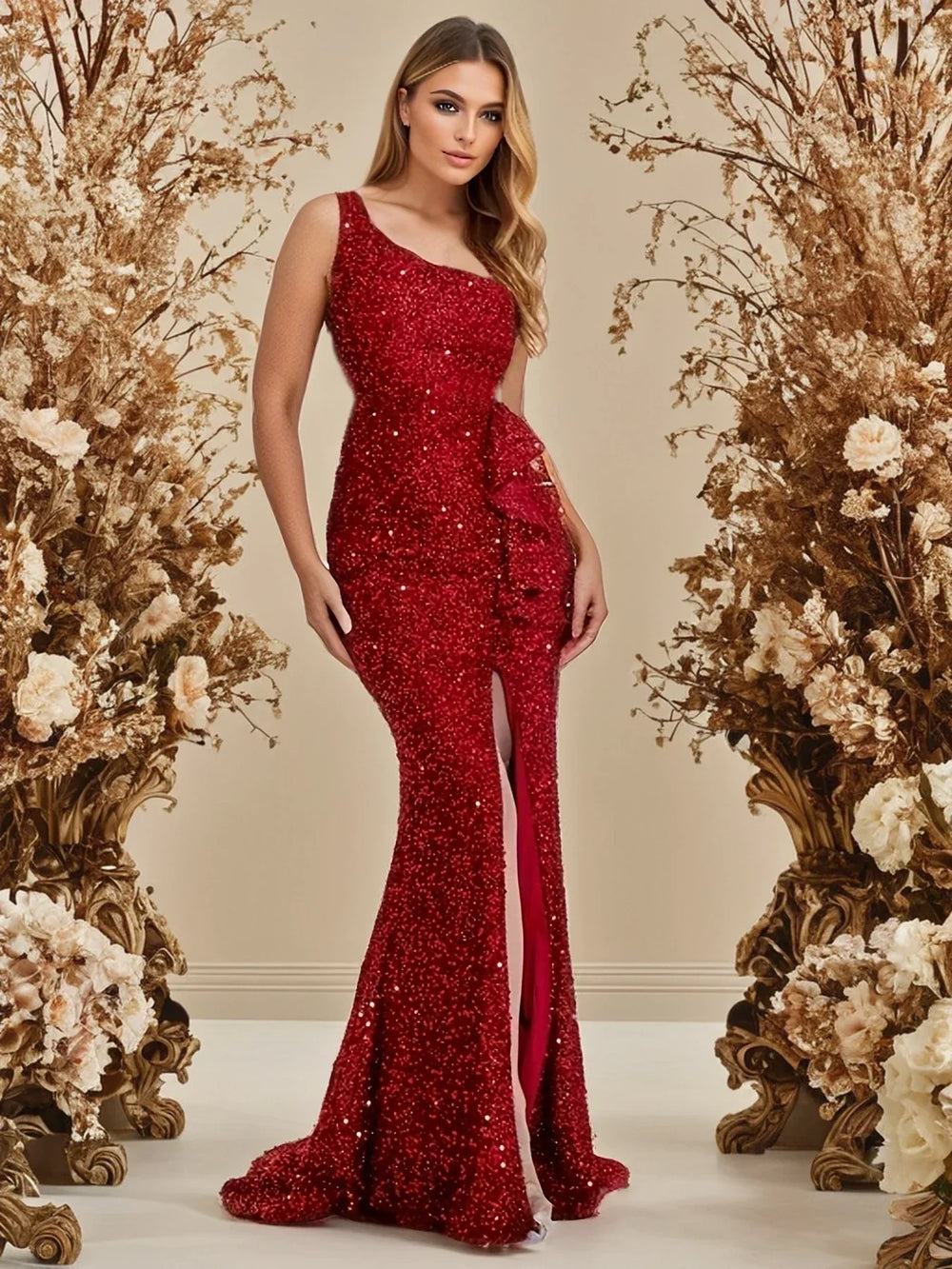 One Shoulder Red Sequined Ruffles Slit Evening Party Backless Lace Christmas Dress Dresses-L