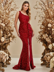 One Shoulder Red Sequined Ruffles Slit Evening Party Backless Lace Christmas Dress Dresses-L