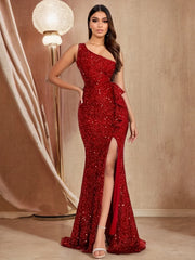 One Shoulder Red Sequined Ruffles Slit Evening Party Backless Lace Christmas Dress Dresses-L