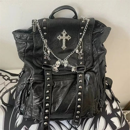 Y2K Gothic Cross Skull Little Girls Punk Backpack Style Korean Chain Soft Leather Bag