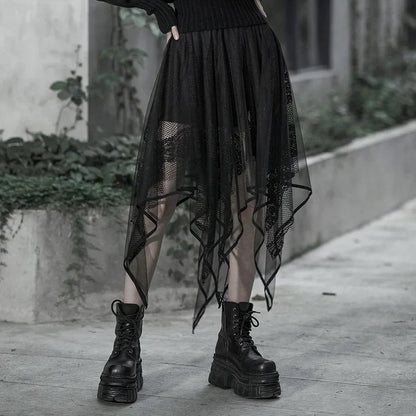 Women's Mesh Summer Fashion Black Gothic Irregular Hollow Female Lace Out Skirt