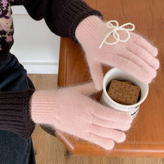 Pearl Bow Knot Winter Wool Furry Thickened Warm Soft Y2K Lolita Cosplay Christmas Gloves Gloves-L