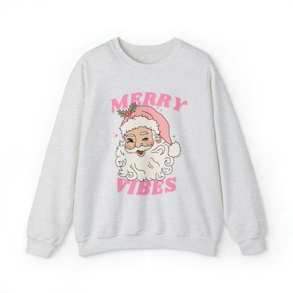 Pink Holiday Merry Vibes Cute Funny Kawaii Xmas Santa Christmas Hoodie Light Grey / S Hoodies-L