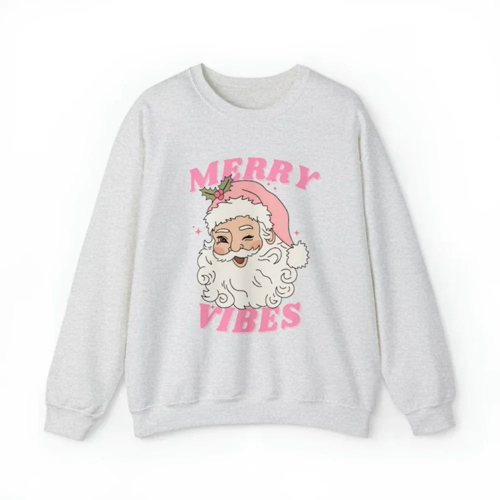 Pink Holiday Season Merry Vibes Cute Funny Kawaii Xmas Santa Christmas Hoodie Light Grey / S