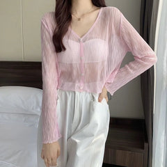 Ice Silk See-Through Thin Single Breasted Pink Knit Cardigan cardiagn-250126